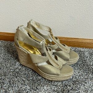 Michael Kors Gold Linen Espadrille‎ Wedge Sandals
